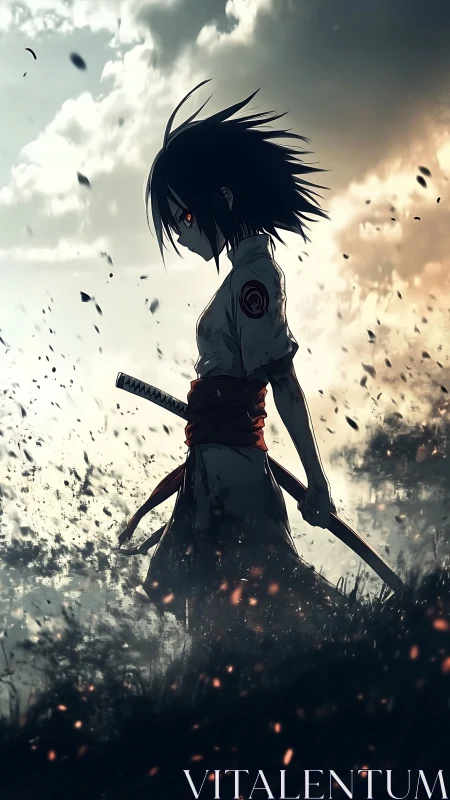 Storm-lit samurai girl walking through embers and twilight.