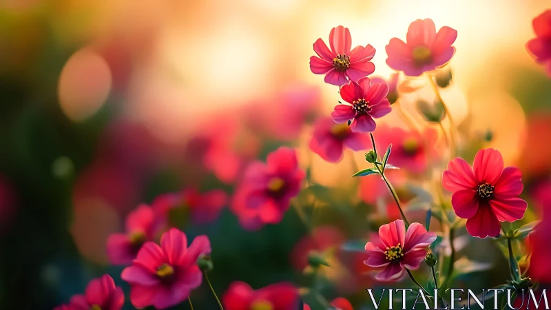 Vibrant Cosmos Flowers in Soft Golden Sunlight
