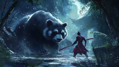 Colossal panda confrontation with staff-wielding warrior in misted grove.