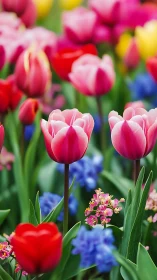 Vibrant Spring Garden with Blooming Tulips.