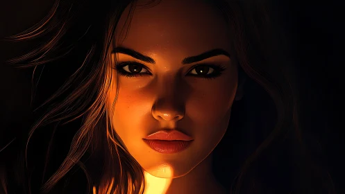 Soft firelight on a thoughtful, determined young face.