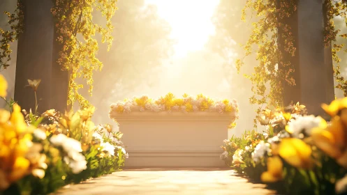 Sunlit garden altar with dense yellow and white blossoms.