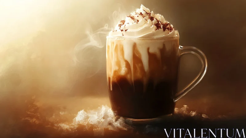 Steaming iced mocha with whipped cream in glowing light.