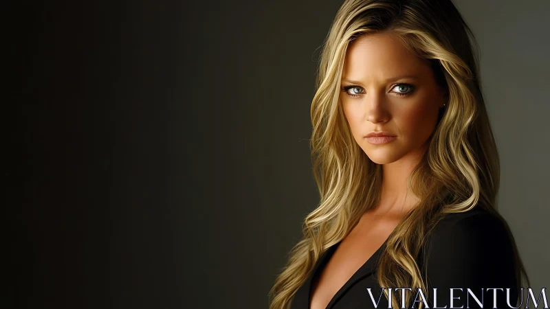 Serious blonde woman in dark studio portrait, side lit.