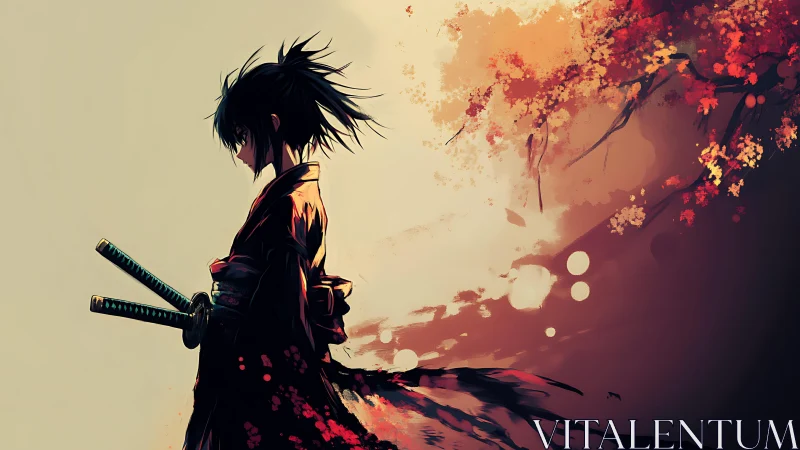 Solitary samurai contemplates beneath burning autumn boughs.