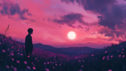 Solitary dreamer bathed in neon dusk over violet wilds.