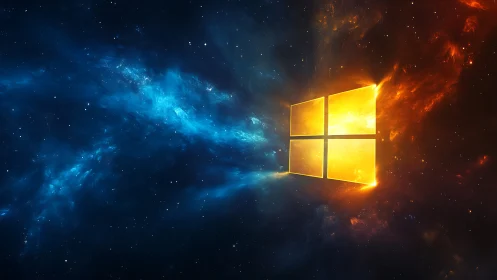 Luminous quad-window emblem amid bifurcated cosmic nebula.