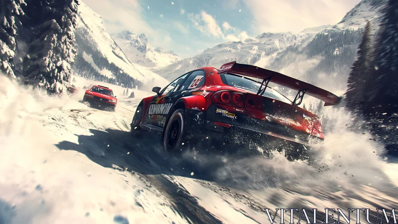 Thrilling red rally cars carving bold paths through snowy peaks.