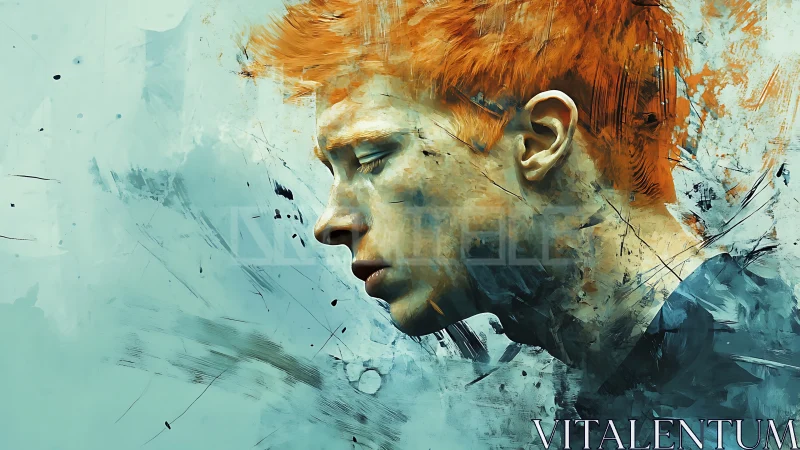 Ember‑haired dreamer dissolves into windswept teal silence.