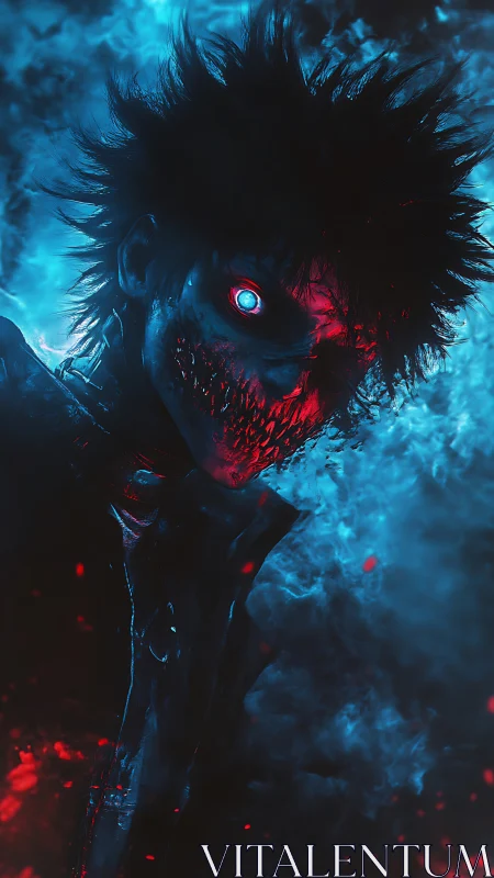 Cyber-noir demon portrait rendered in neon blue and red light
