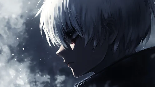 Melancholic white-haired figure in moody side-profile gloom.