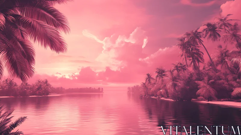 Tropical Lagoon at Pink Hour with Palm Reflections.