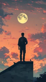 Soft twilight rooftop pause under a quietly rising moon.