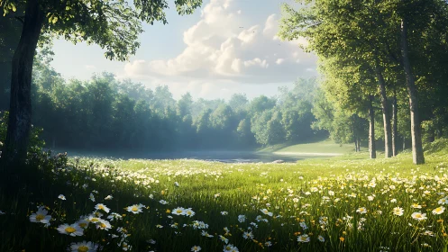 Sunlit meadow of daisies beside tranquil forest lake at dawn.