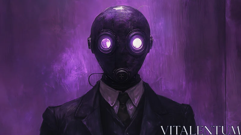 Figure in gas mask and suit is rendered in violet lighting