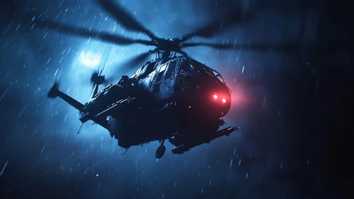 Tactical helicopter cuts through rain-soaked night with red nav lights