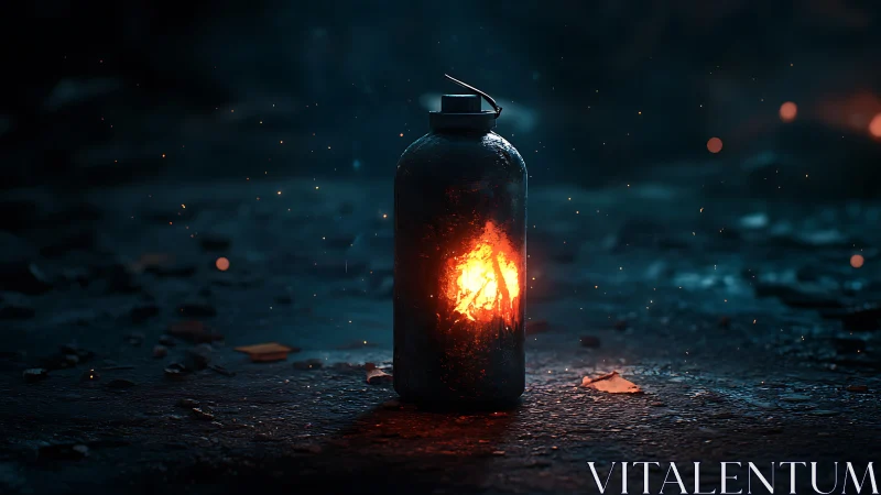 Metal container with burning fire against dark urban background