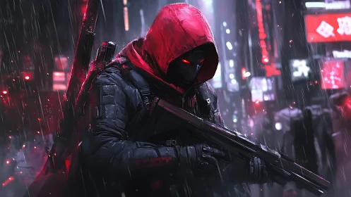 Hooded armed figure in neon city street under rainfall.