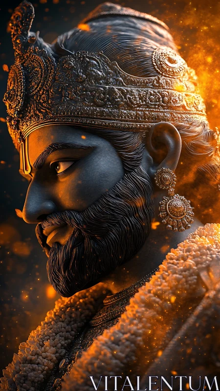 Ember-lit warrior king statue crowned in molten dusk glow.