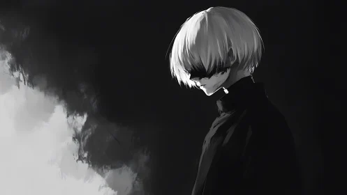 Monochrome anime profile with obscured eyes and stark contrast.