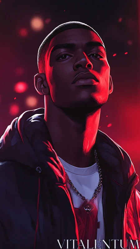 Confident young hero glowing under bold neon red light.