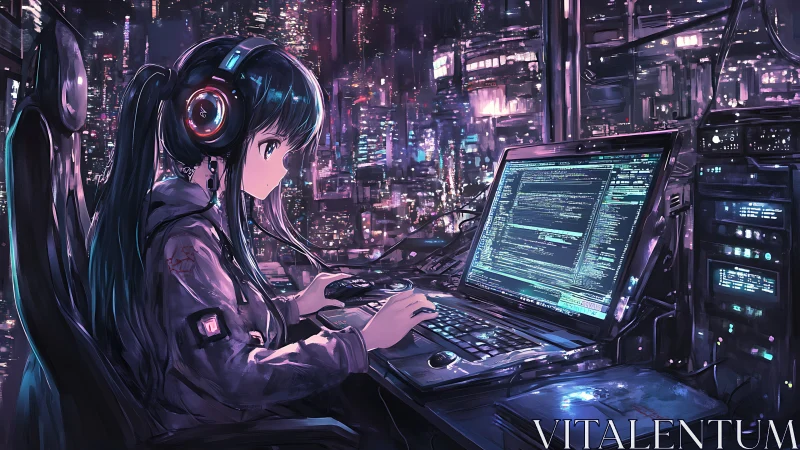 Nocturnal cybernetics coder in neon-saturated skyline lab.