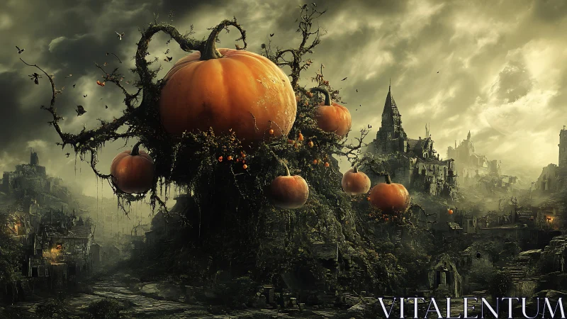 Giant haunted pumpkins loom over a crumbling gothic cityscape