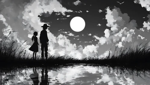 Moonlit silhouettes trading secrets above the still water.