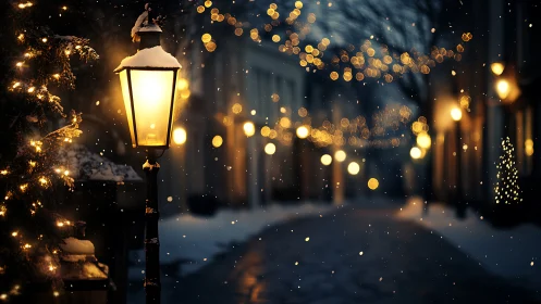Snowy lamppost illuminating cozy winter street at dusk.
