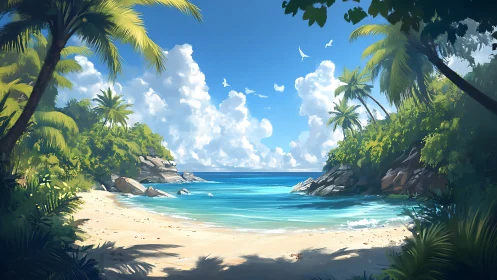 Tropical coastal landscape with palm trees, sandy beach, turquoise water.