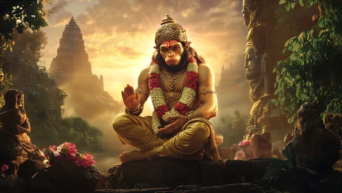 Monkey-headed deity sits cross-legged before ornate temples