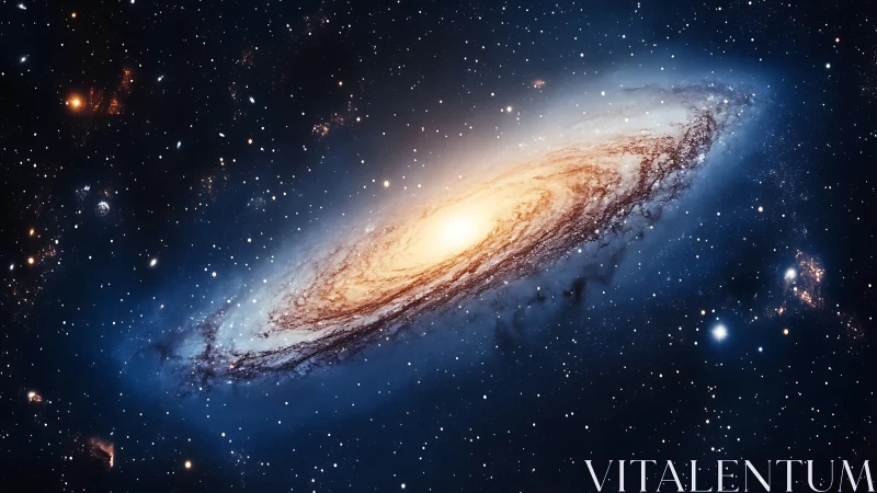 Spiral galaxy glows softly in a peaceful star filled sky.