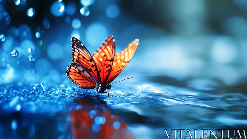 Bright orange butterfly pausing gently on shimmering water.