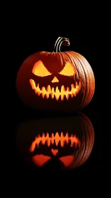 Illuminated jack-o’-lantern with reflective symmetry on black