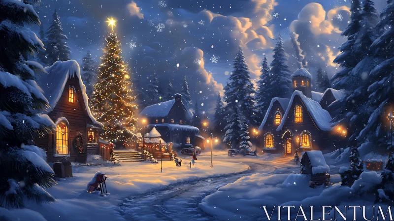 Snowy Christmas village under glowing fir tree lights.
