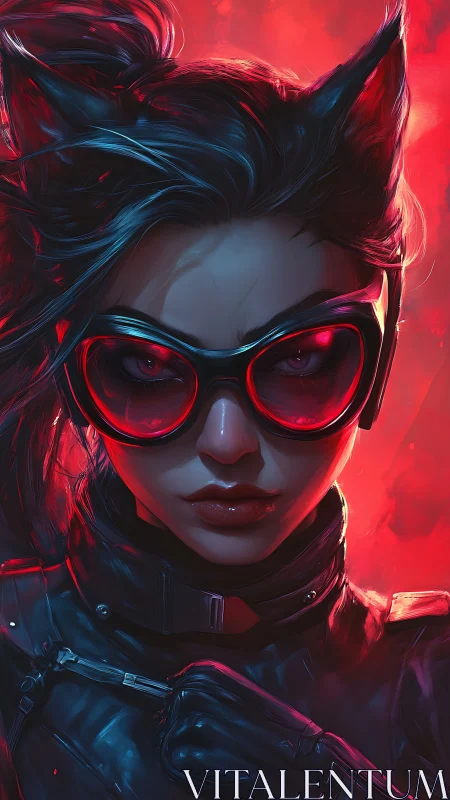 Feline vigilante in red-lit cyber suit stares with intense focus