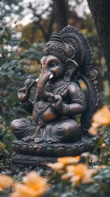 Ornate Ganesha garden statue amid soft autumn foliage.