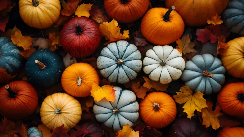 Multicolored pumpkins lie on autumn leaves in tight arrangement