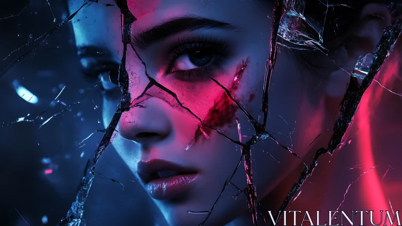 Shattered neon reflections around a quietly fierce gaze.