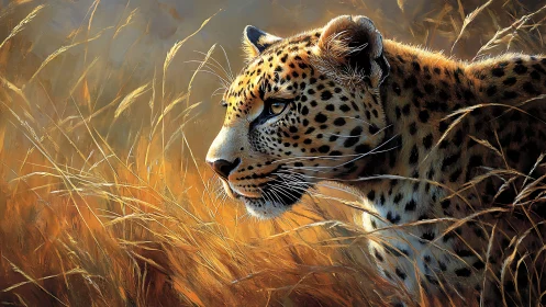 Leopard Emerges Through Golden Grassland