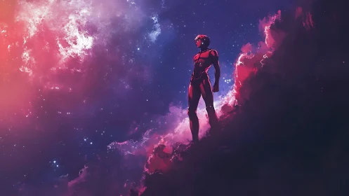 Starlit wanderer pauses at the nebula’s burning edge