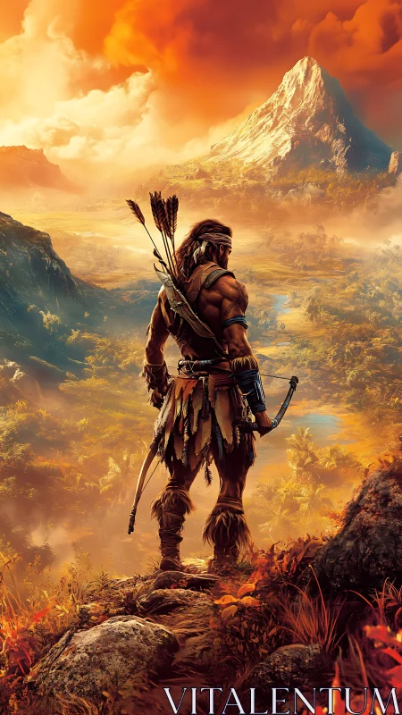 Backlit hunter surveys volcanic valley under saturated orange sky