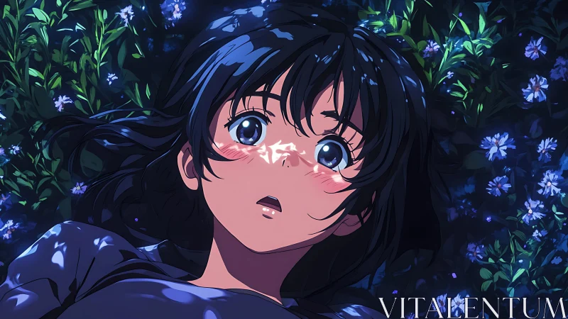 Anime girl lies in blue flower field under dappled night light