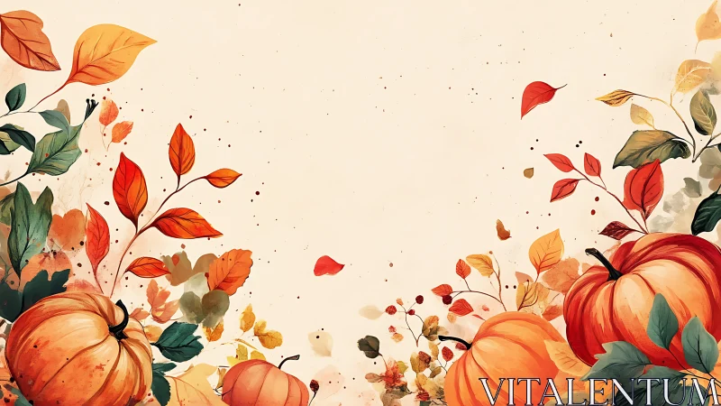 Autumn pumpkins framed by watercolor foliage border.