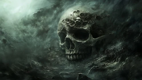 Monolithic skull landscape in stormy atmospheric digital painting.
