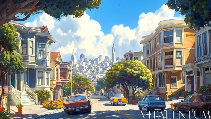 Sunny city street with vintage cars and distant skyline.