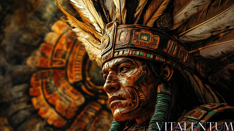 Ornate warrior portrait renders intricate Mesoamerican regalia