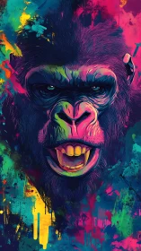 Neon-lit gorilla portrait rendered with high-contrast chromatic splatter