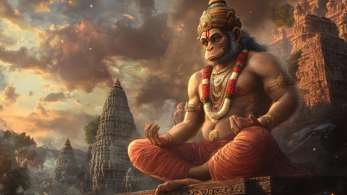 Sky-burnished temples cradle a meditating monkey deity in firelit calm