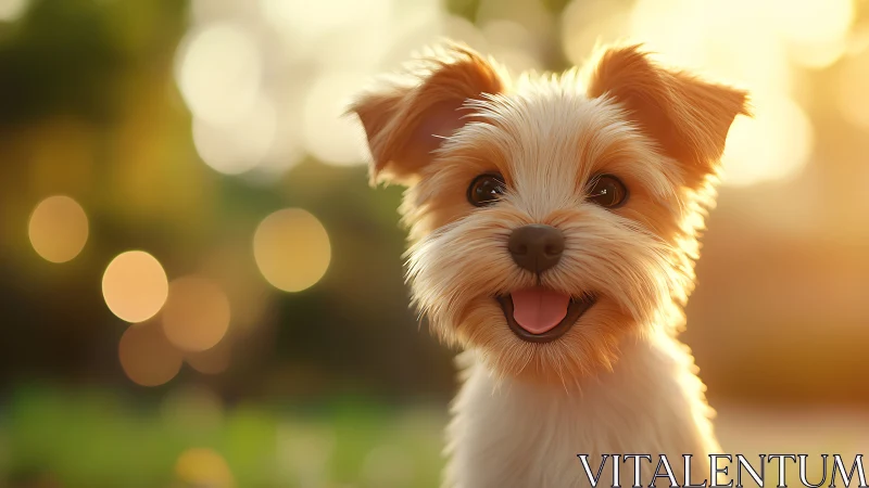 Sunlit fluff sprite pup beaming under golden bokeh glow.
